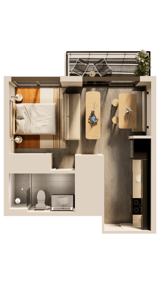 a rendering of a bedroom with a bathroom and a living room